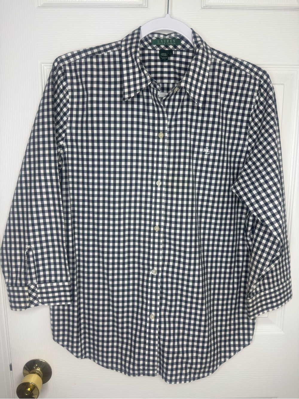 Lauren Ralph Lauren Women’s L Black White Gingham Plaid 100% Cotton Shirt